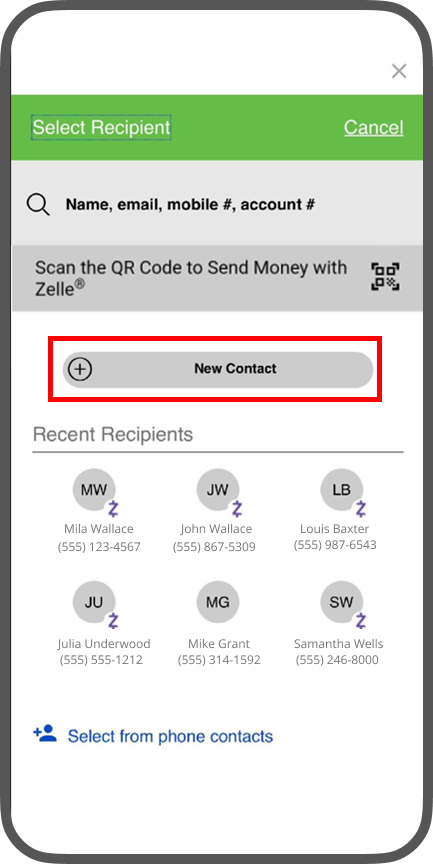 Step 3 to add Zelle ready contact in CCU app Step 3 to add Zelle ready contact in CCU app